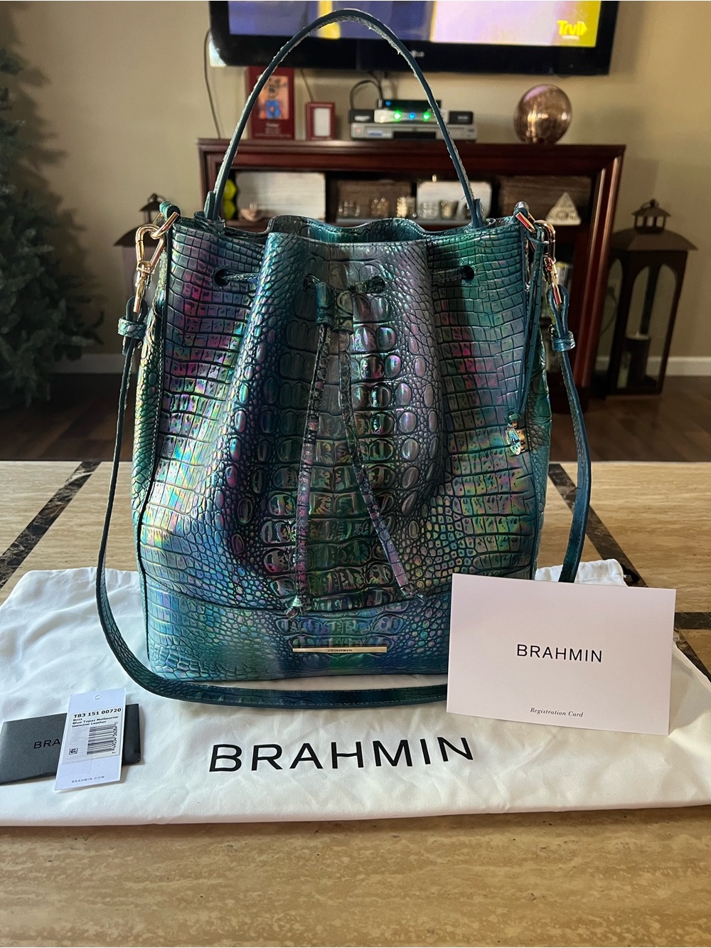BRAHMIN MARLOWE BLUE TOPAZ CROCO EMBS LEATHER BUCKET SHOULDER BAG